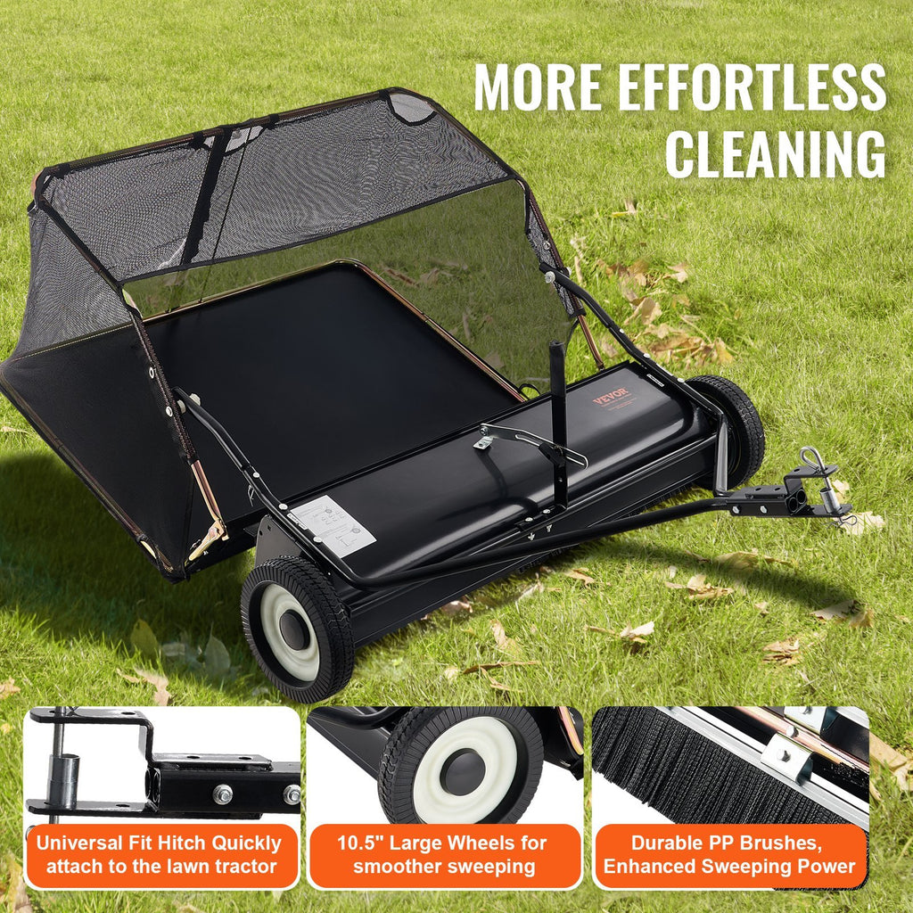 VEVOR Tow-Behind Lawn Sweeper 42-inch Leaf Yard Collector 12 Cu.ft. Adjustable