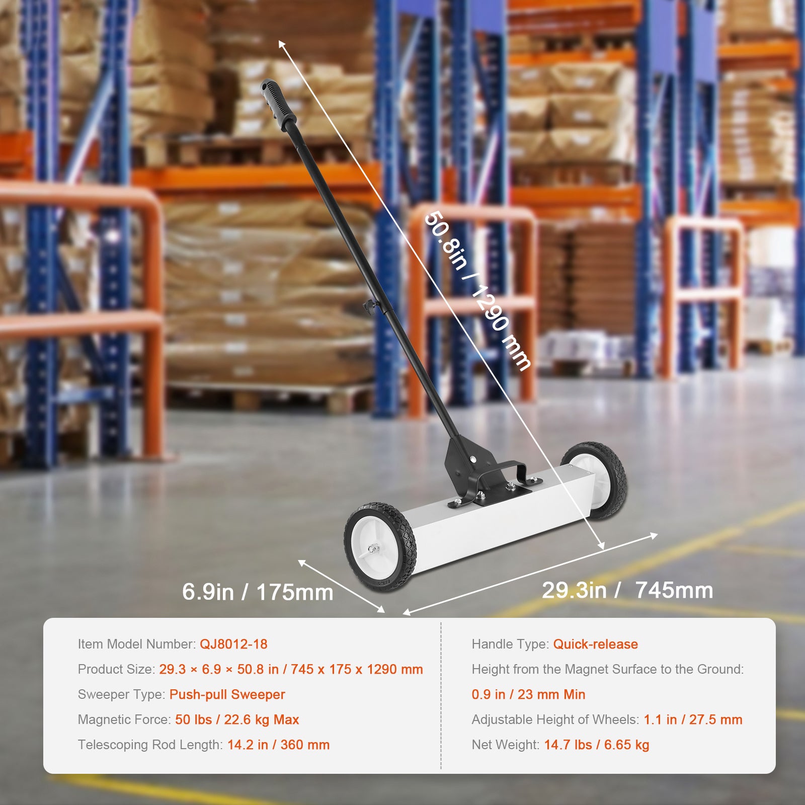 VEVOR 50Lbs Rolling Magnetic Sweeper With Wheels, Push-Type Magnetic Pick Up Sweeper, 24-inch Large Magnet Pickup Lawn Sweeper With Telescoping Handle, Easy Cleanup Of Workshop Garage Yard