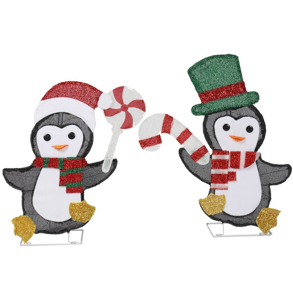 Set Of 2 Lighted Penguin And Candy Cane Christmas Decorations, Pre-lit 2D Holiday Decor With 80 Warm White LED Lights For Xmas Outdoor Indoor Decor Lighted Holiday Displays