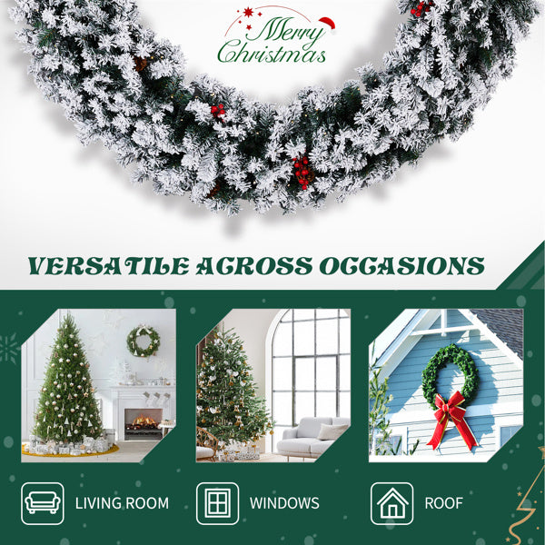 60in Pre-lit Snow Flocked Christmas Wreath, Lighted Artificial Xmas Wreath With 220 Warm White Lights And 600 PVC Tips And DIY Ornaments, For Front Door Gate Wall Xmas Party Decorations, Snowy Green