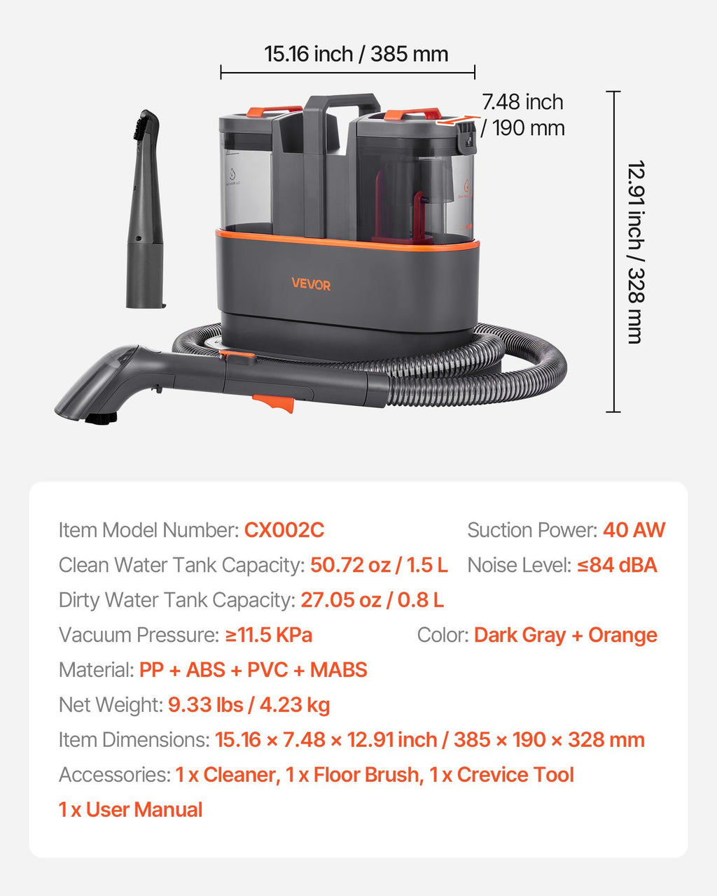 Portable Carpet Cleaner Machine Dual-Water Tank 11.5Kpa Upholstery Cleaner