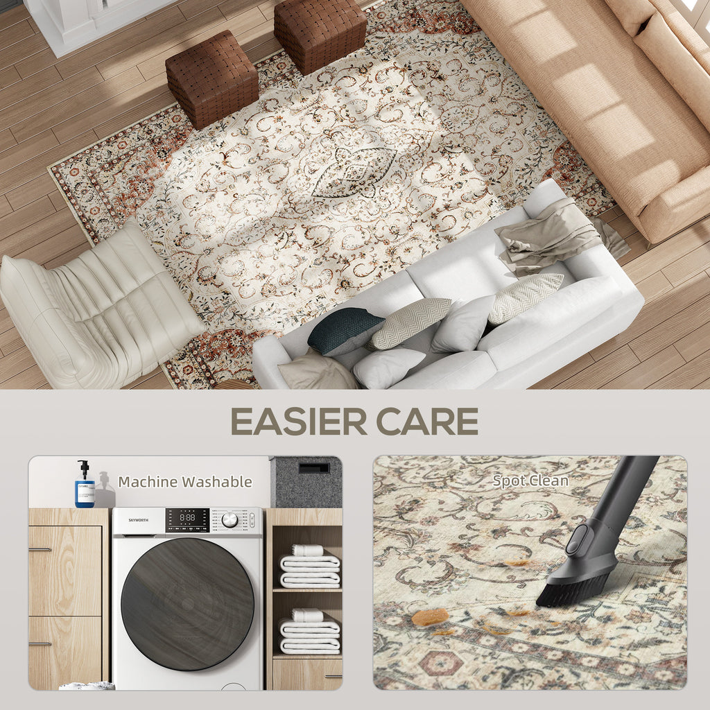 Area Rug 8x10, Machine Washable Rug, Non-Slip Classical Floral Print Floor Carpet For Living Room, Bedroom, Mixed-Brown