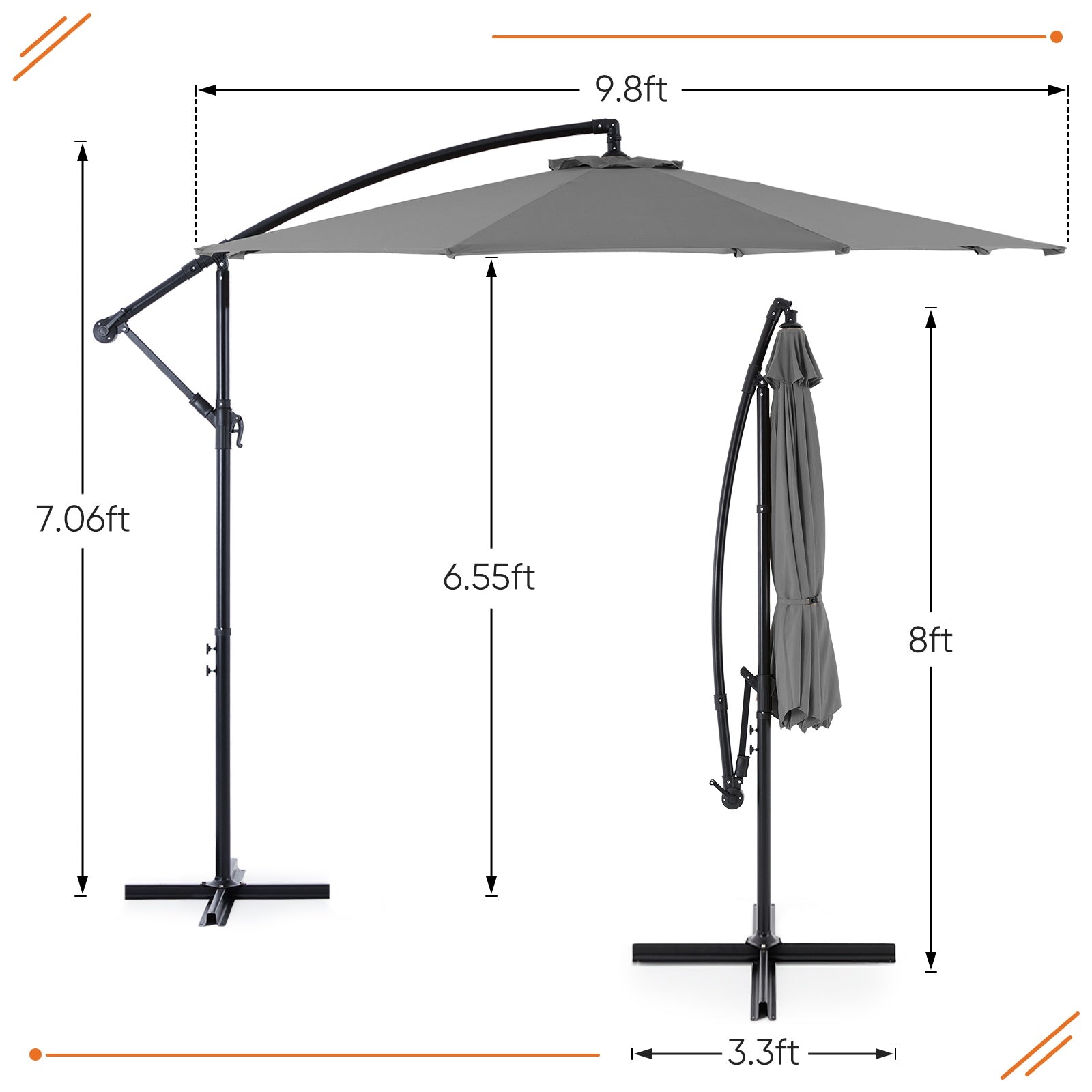 9.8FT Offset Patio Umbrella Hanging Cantilever Umbrella Outdoor Sun Shade With Easy Tilt Adjustment, 8 Ribs, UV Protection For Backyard, Lawn