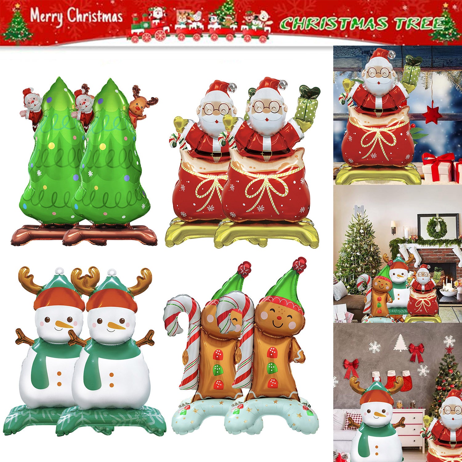 8 Packs Christmas Mylar Balloons With Base Balloon Xmas Tree Santa Snowman 3D Foil Balloons Standing Balloon Decorations For Christmas Birthday Winter Party Decor