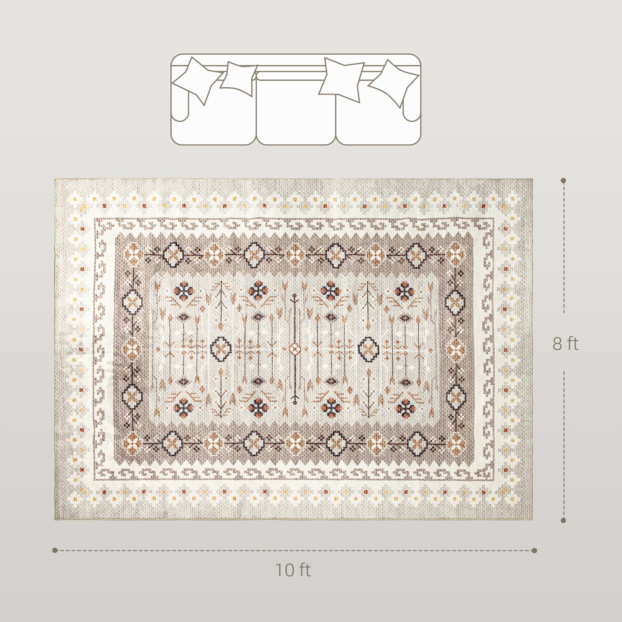 Machine Washable Area Rug 8x10, Non-Slip Boho Flannel Print Floor Carpet For Living Room, Bedroom, Dining Room, Brown