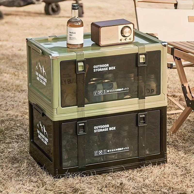 Folding Camping Storage Box Multi-layer Thickened Cover Durable Plastic Portable Outdoor Picnic Car-mounted Solid Structure Automatic Camping Accessories Outdoor Storage Cabinet Rack