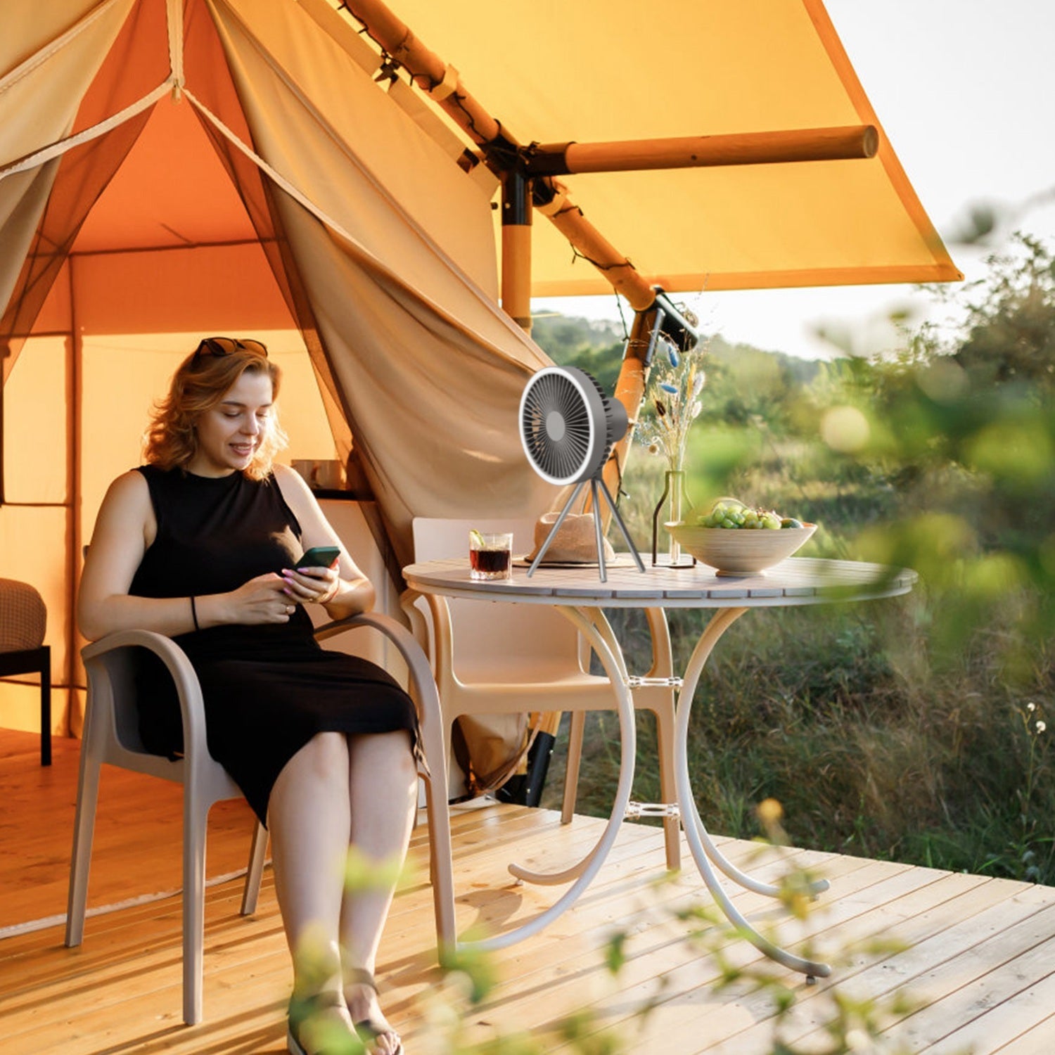 Camping Fan With Lantern Rechargeable Battery Powered Portable Tripod Fan For Tent With Hanging Hook Carabiner Emergency Power Bank Desk Fan With Timer Speed Brightness Setting