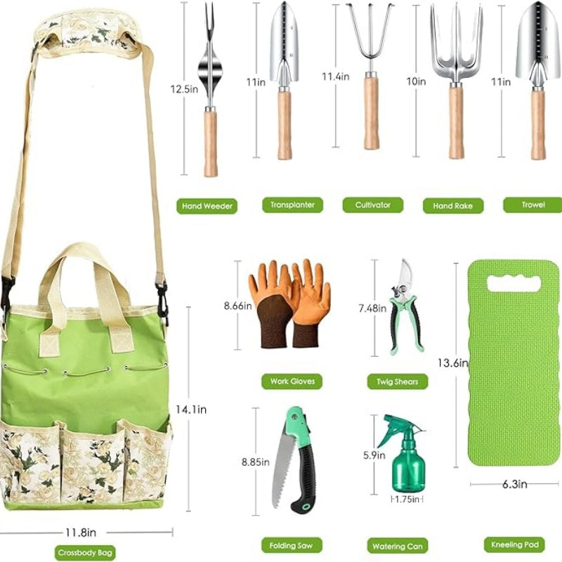 Wooden Handle Stainless Steel Lightweight Portable Easy To Store Ladies Gardening Tool Set With Pruning Shears