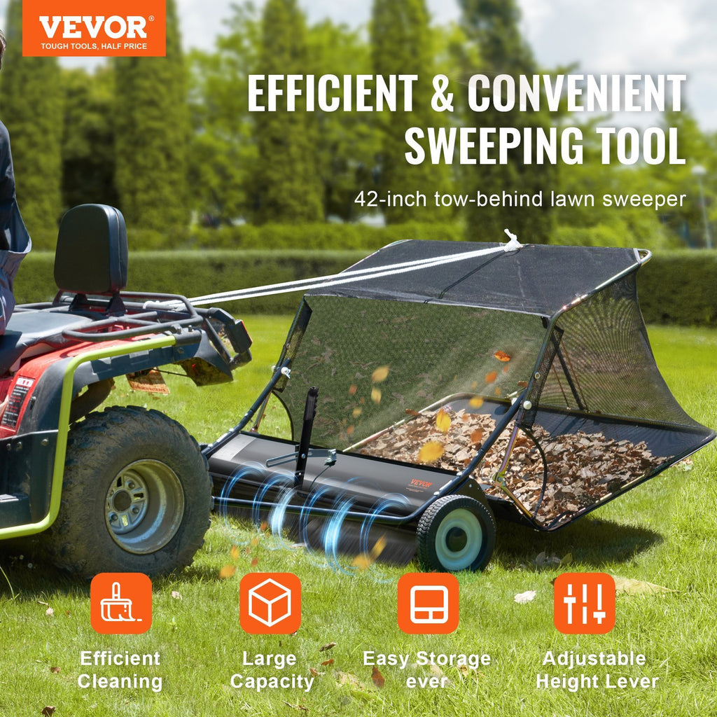 VEVOR Tow-Behind Lawn Sweeper 42-inch Leaf Yard Collector 12 Cu.ft. Adjustable