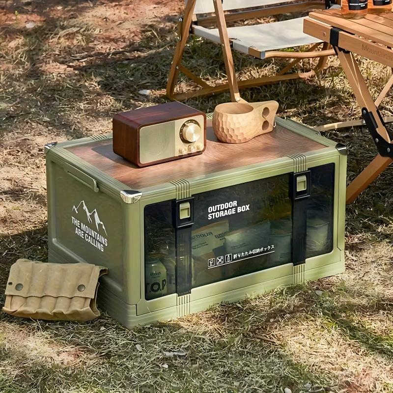 Folding Camping Storage Box Multi-layer Thickened Cover Durable Plastic Portable Outdoor Picnic Car-mounted Solid Structure Automatic Camping Accessories Outdoor Storage Cabinet Rack
