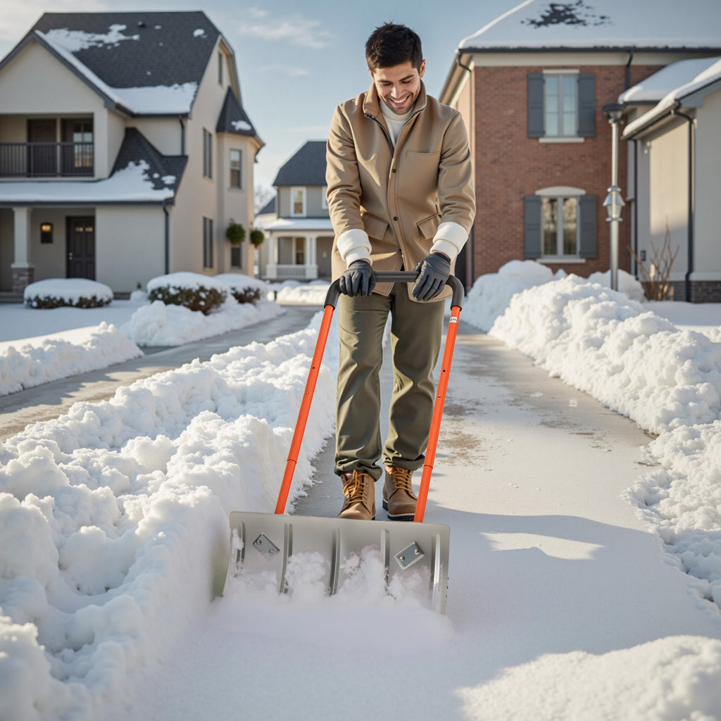 Winter Snow Pusher Shovel With Wheels 24 In Durable Metal Snow Plow For Driveway