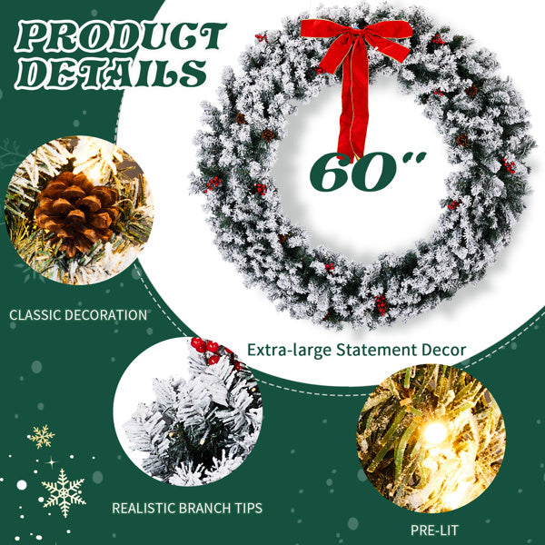 60in Pre-lit Snow Flocked Christmas Wreath, Lighted Artificial Xmas Wreath With 220 Warm White Lights And 600 PVC Tips And DIY Ornaments, For Front Door Gate Wall Xmas Party Decorations, Snowy Green