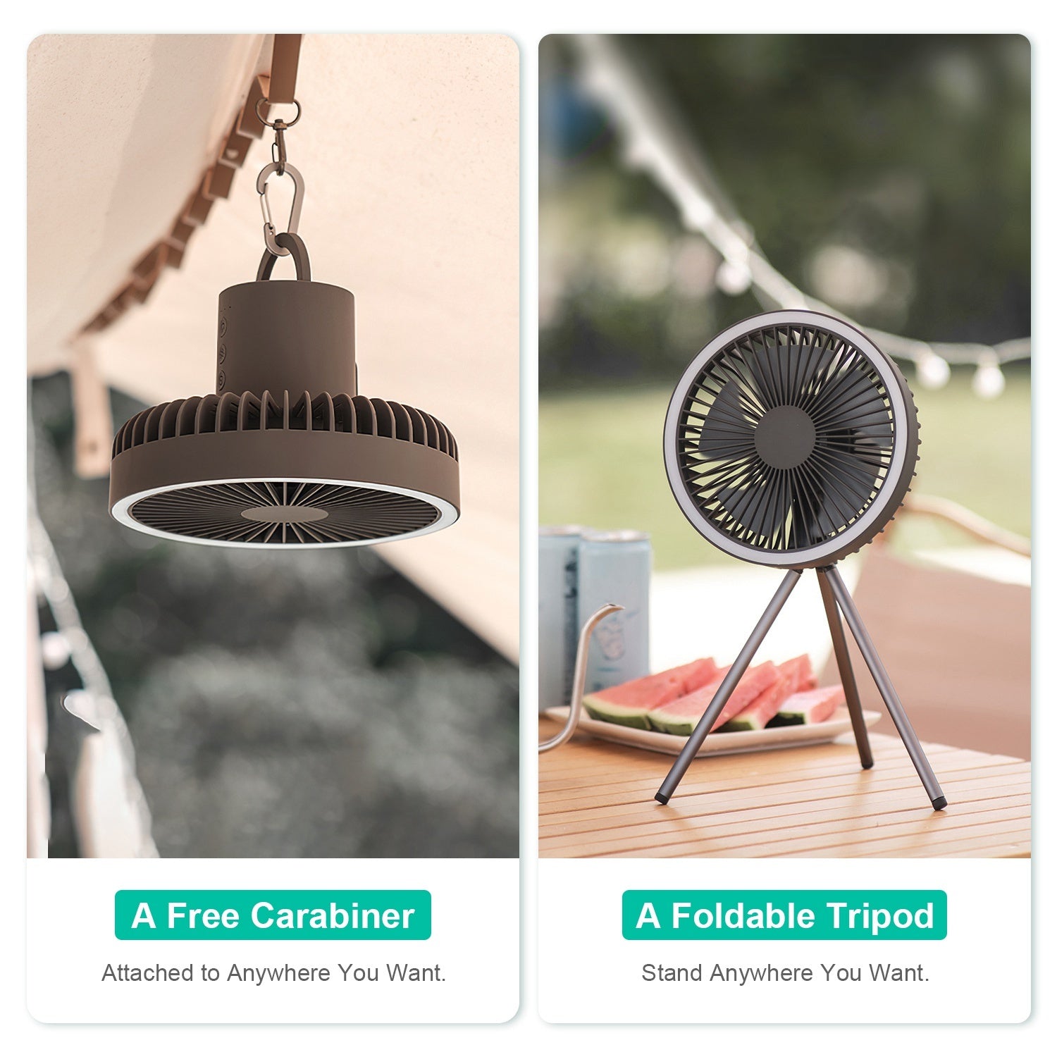 Camping Fan With Lantern Rechargeable Battery Powered Portable Tripod Fan For Tent With Hanging Hook Carabiner Emergency Power Bank Desk Fan With Timer Speed Brightness Setting