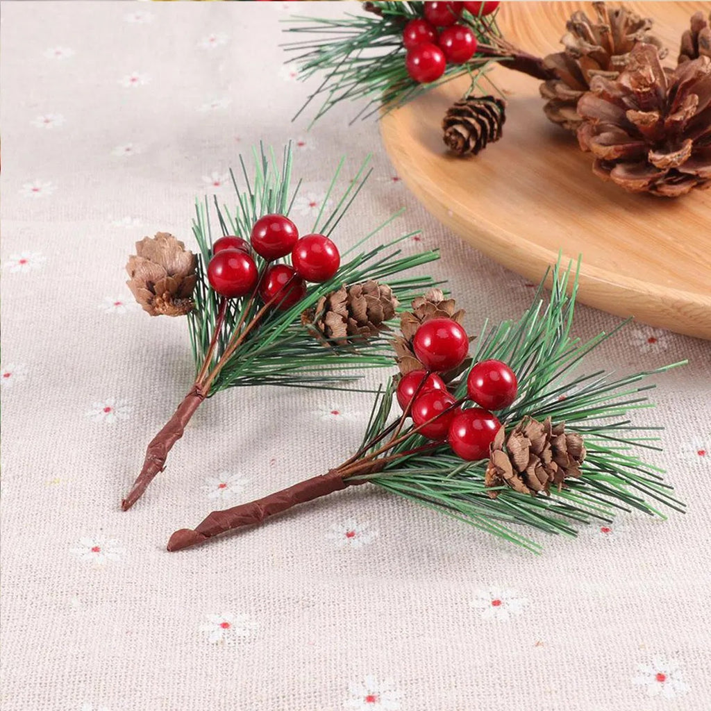 10 PCS Christmas Mini Artificial Pine Picks With Red Berries And Natural Pinecones Evergreen Pine Sprigs Holly Berries Faux Pine Needles For Festival Xmas Decorations Table Centerpiece