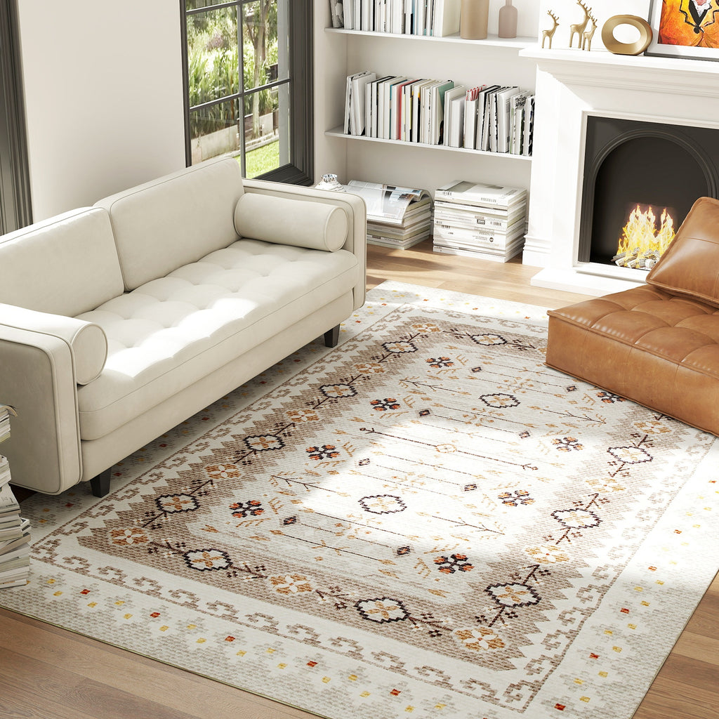 Machine Washable Area Rug 8x10, Non-Slip Boho Flannel Print Floor Carpet For Living Room, Bedroom, Dining Room, Brown