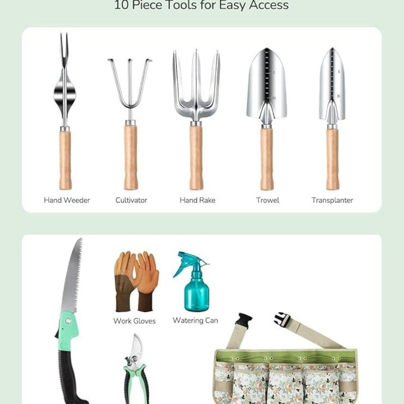 Wooden Handle Stainless Steel Lightweight Portable Easy To Store Ladies Gardening Tool Set With Pruning Shears