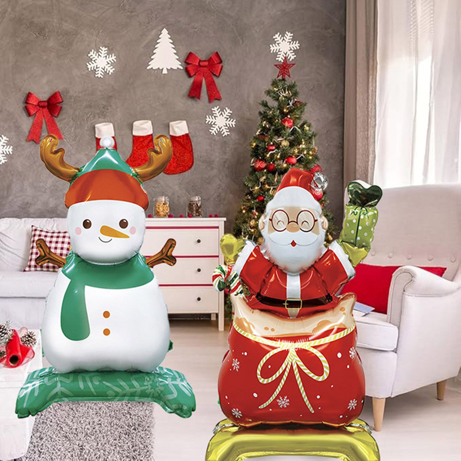 8 Packs Christmas Mylar Balloons With Base Balloon Xmas Tree Santa Snowman 3D Foil Balloons Standing Balloon Decorations For Christmas Birthday Winter Party Decor