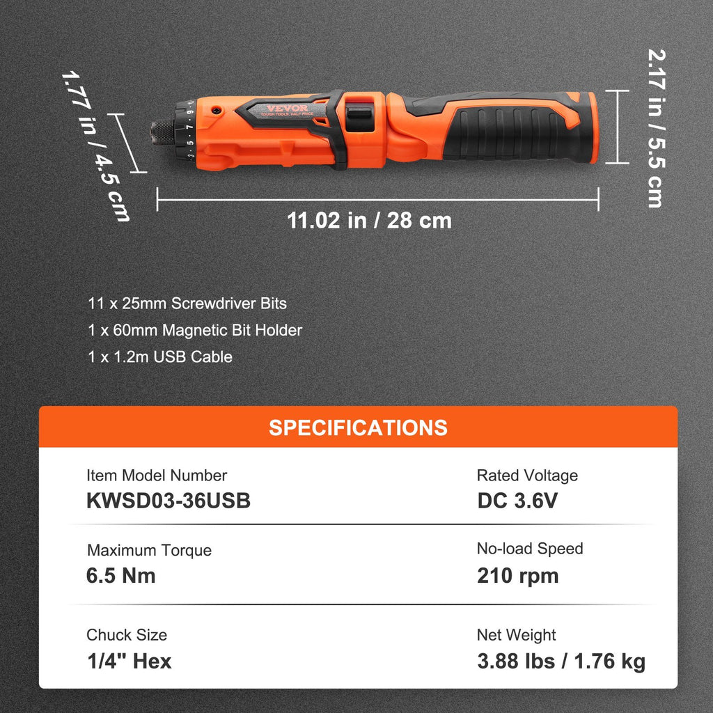 VEVOR Cordless Screwdriver, 4V 7Nm Electric Screwdriver Rechargeable Set With 11 Accessory Kit And Charging Cable, LED Light Dual Position Handle, Nut Drivers Magnetic Bit Holder Tool Kit Home Repair