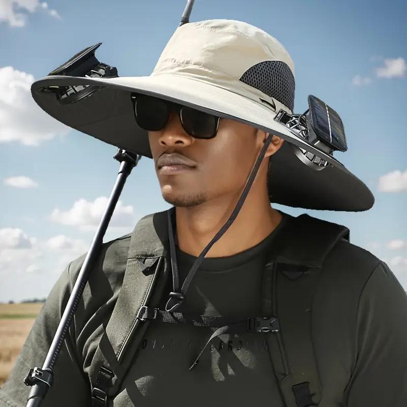 Unisex Solar Powered Black Fan Outdoor Fishing Wide Brim Sun Hat For Camping And Work