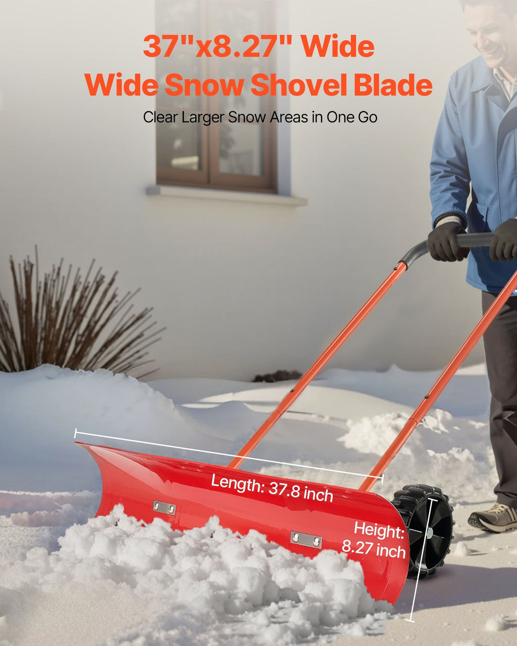 Snow Pusher Shovel With Wheels 37.8 In Plastic Winter Snow Plow For Driveway