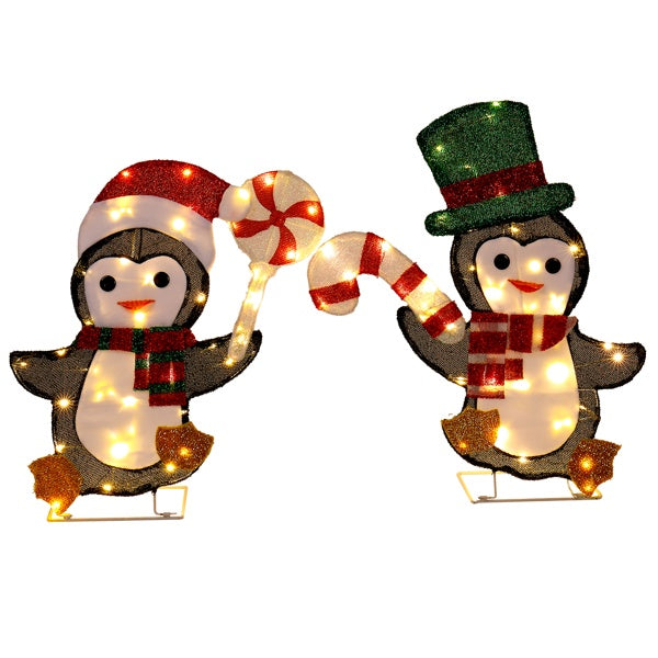 Set Of 2 Lighted Penguin And Candy Cane Christmas Decorations, Pre-lit 2D Holiday Decor With 80 Warm White LED Lights For Xmas Outdoor Indoor Decor Lighted Holiday Displays