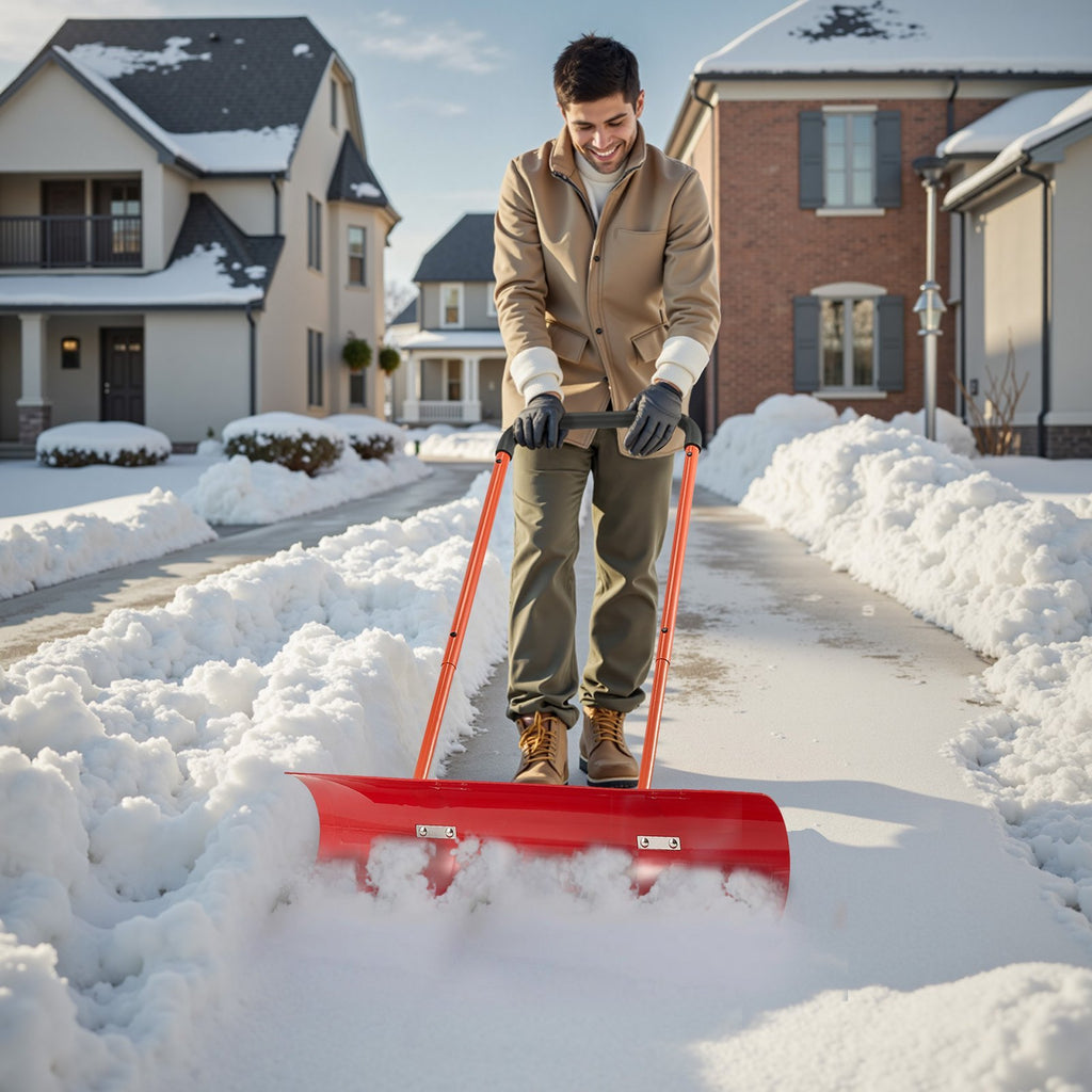 Snow Pusher Shovel With Wheels 37.8 In Plastic Winter Snow Plow For Driveway