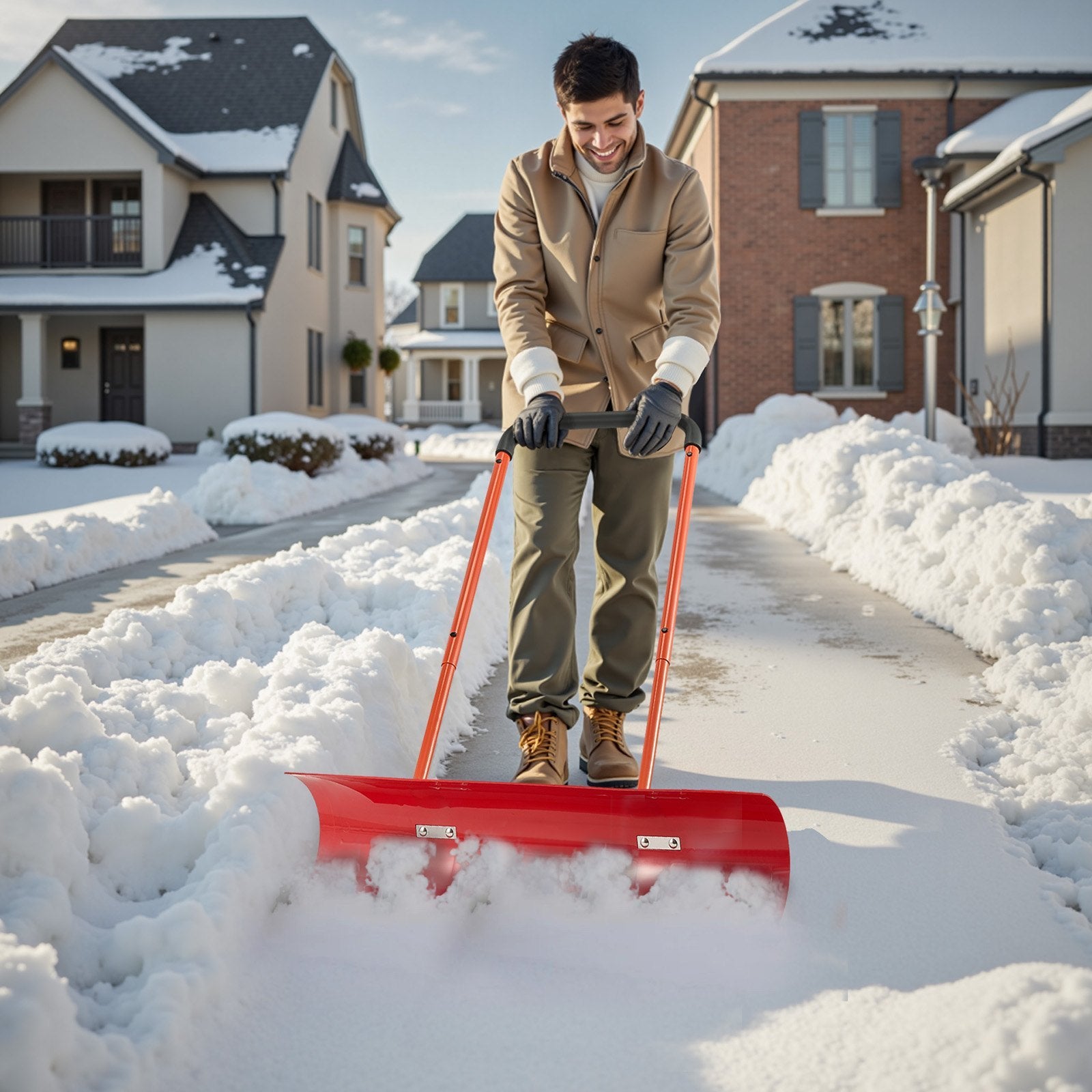 Snow Pusher Shovel With Wheels 37.8 In Plastic Winter Snow Plow For Driveway
