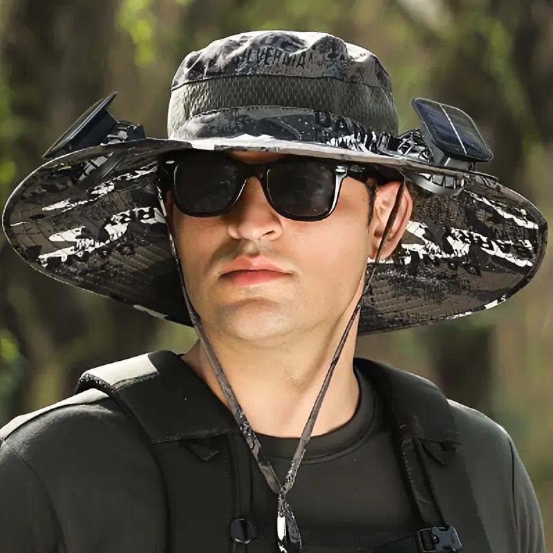 Unisex Solar Powered Black Fan Outdoor Fishing Wide Brim Sun Hat For Camping And Work