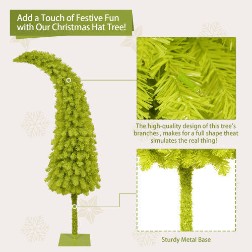 5FT Hinged Fir Artificial Fir Bent Top Christmas Tree, Xmas Tree Bendable Santa Hat Style Christmas Tree Holiday Decoration,400 Branch Tips,  LED Lights X-mas