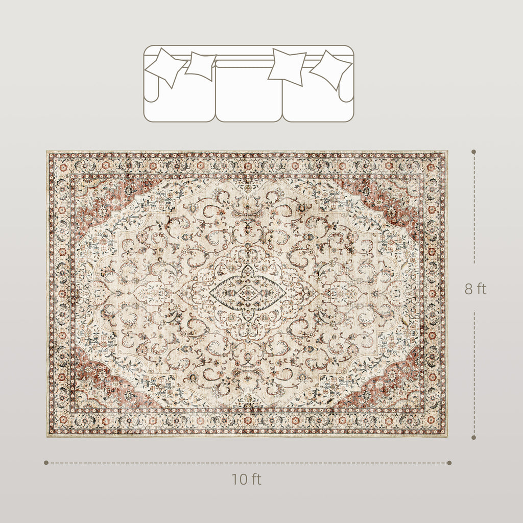 Area Rug 8x10, Machine Washable Rug, Non-Slip Classical Floral Print Floor Carpet For Living Room, Bedroom, Mixed-Brown