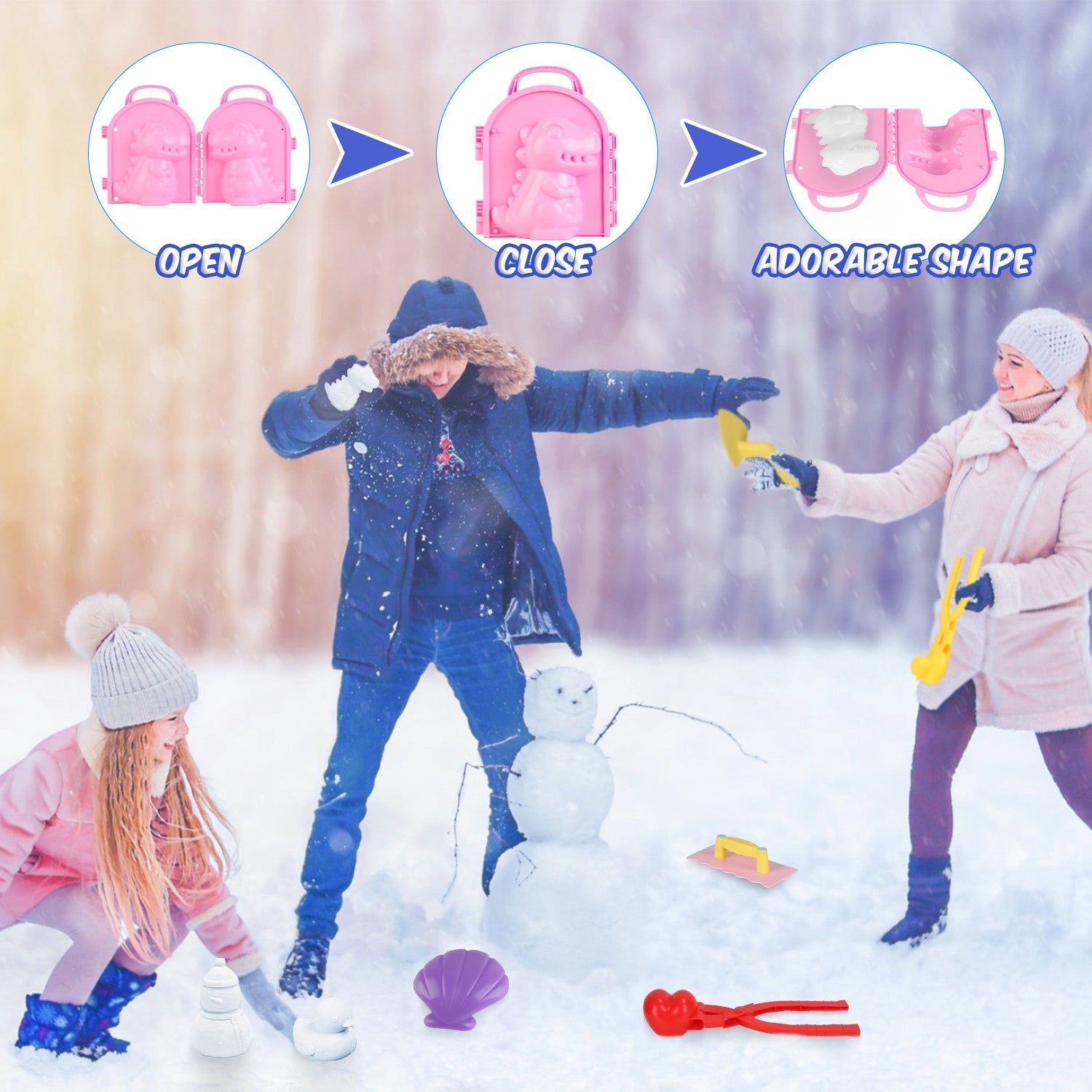 Set Of 15Pcs Winter Snowball Tool Kit Kids Snow Molds Outdoor Snow Beach Toys For Kids Toddlers Adults Snowman Snowflake Duck Dinosaur