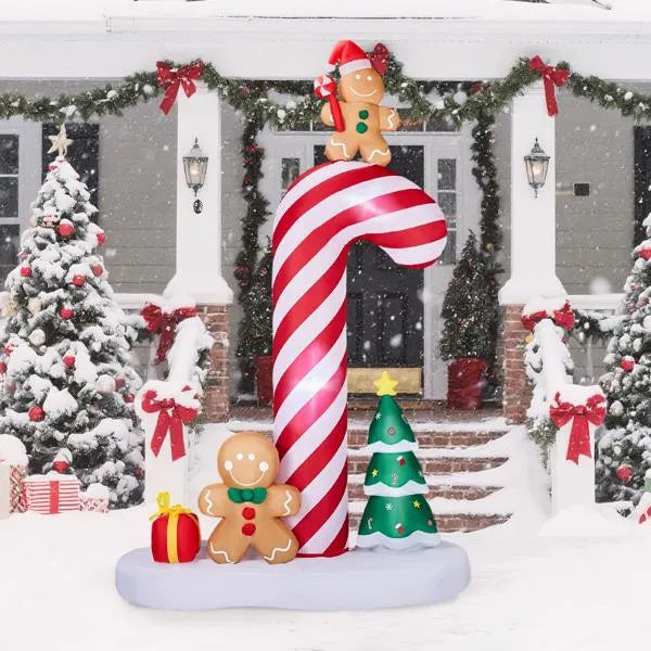 8.2FT Lighted Christmas Inflatable Decoration, Inflatable Giant Candy Cane With Gingerbread Men, Funny Blow Up Yard Decorations With Built-in LED Lights For Holiday Party Front Yard Lawn Garden Decor