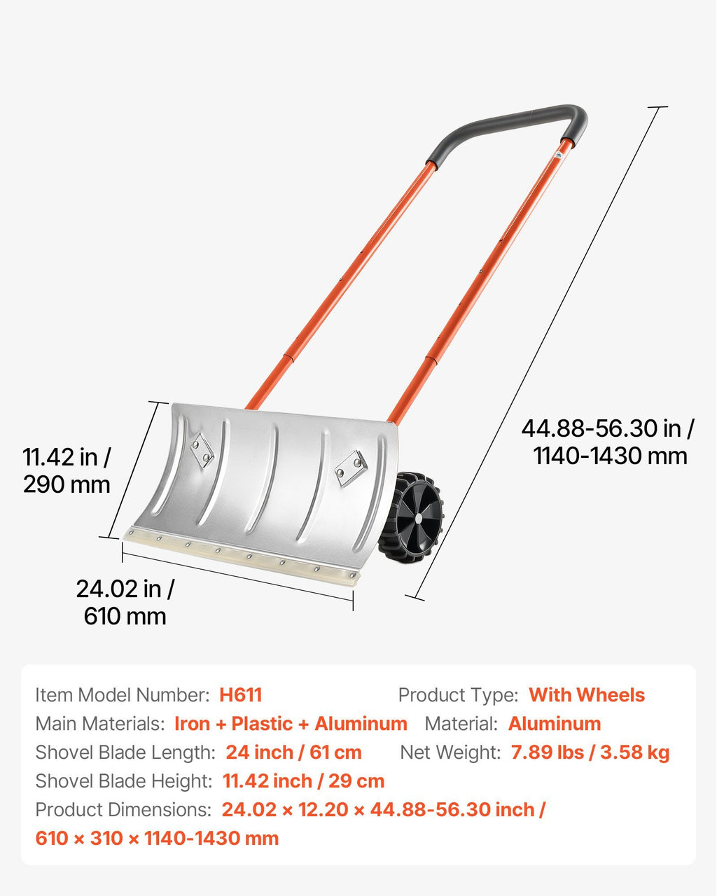 Winter Snow Pusher Shovel With Wheels 24 In Durable Metal Snow Plow For Driveway