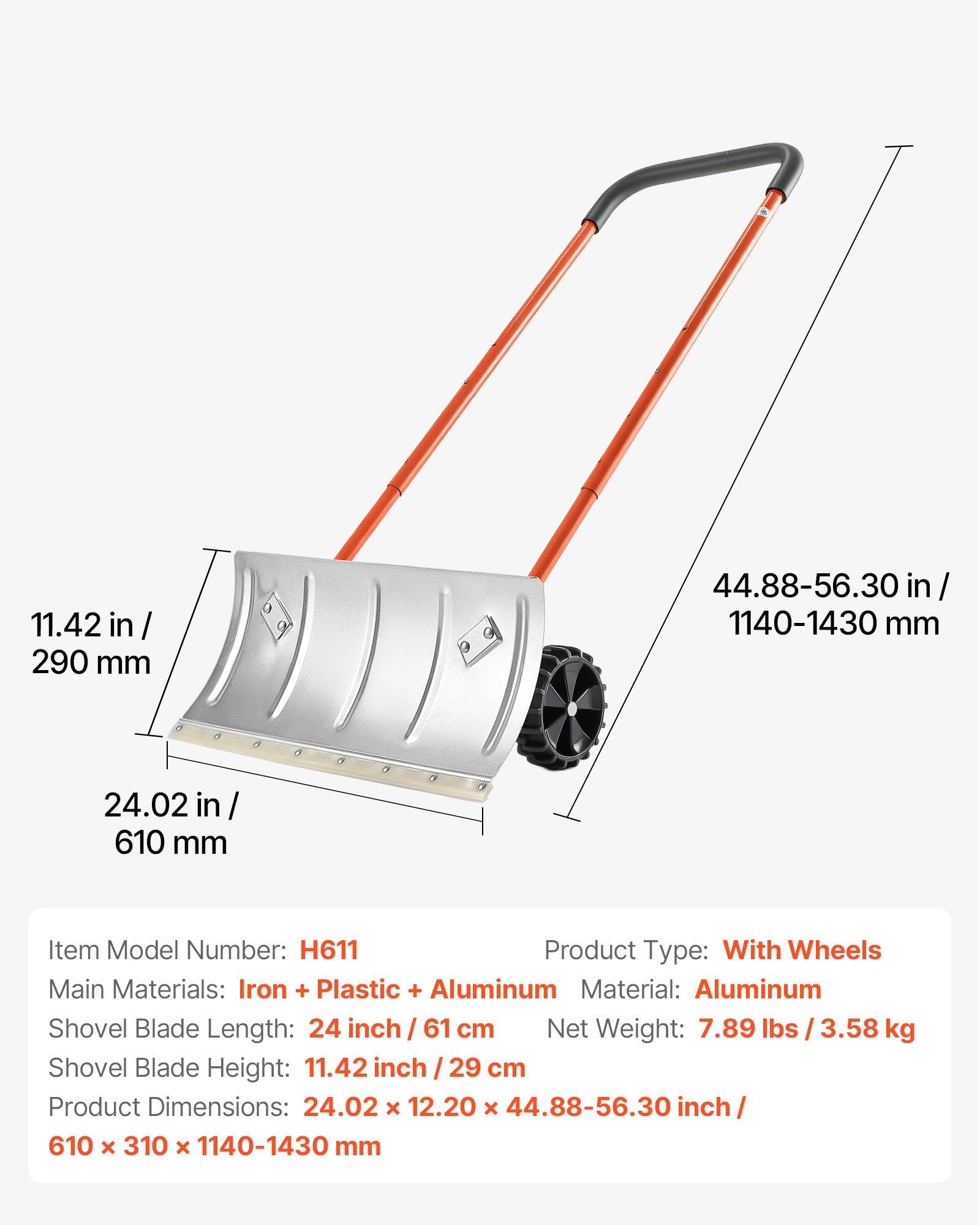 Winter Snow Pusher Shovel With Wheels 24 In Durable Metal Snow Plow For Driveway