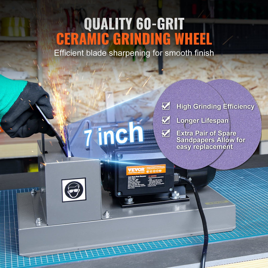 VEVOR Lawn Mower Blade Sharpener, 500W Lawnmower Blade Grinder With 7-inch Ceramic Grinding Wheel, Powerful Bench Mower Sharpening Machine For High Low Lift Blades, Gator Blades, Flat Blades