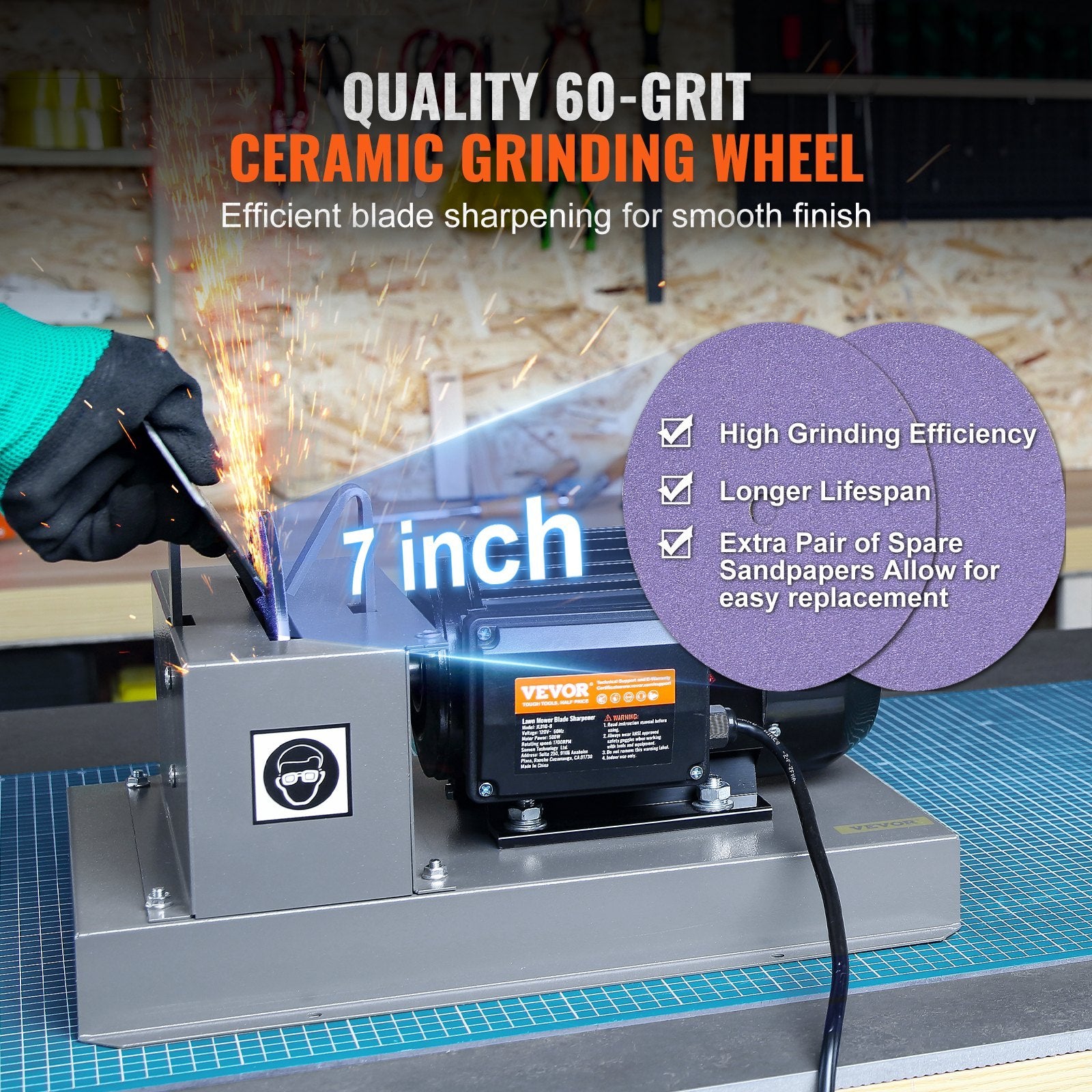 VEVOR Lawn Mower Blade Sharpener, 500W Lawnmower Blade Grinder With 7-inch Ceramic Grinding Wheel, Powerful Bench Mower Sharpening Machine For High Low Lift Blades, Gator Blades, Flat Blades