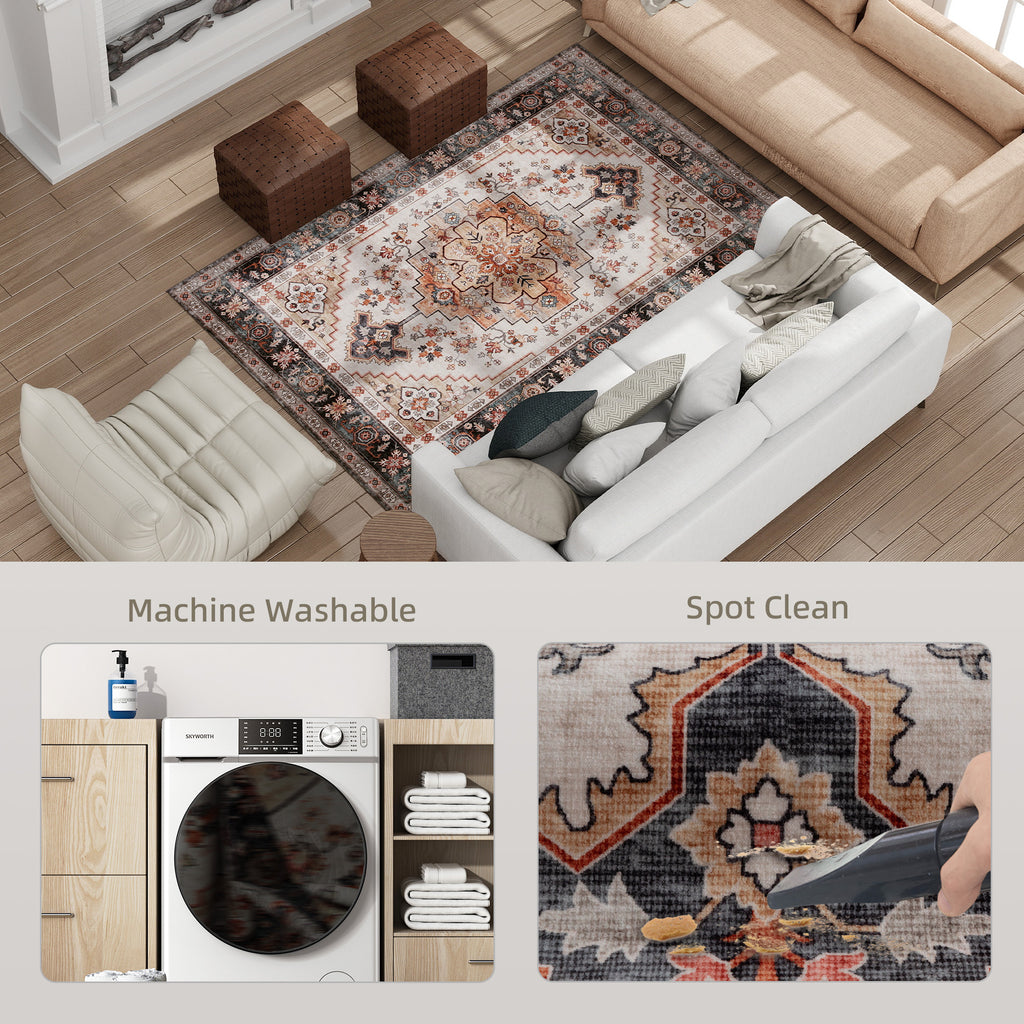 Area Rug 4x6, Machine Washable Rug, Non-Slip Boho Print Pattern Medallion Carpet For Living Room, Bedroom, Tawny Brown