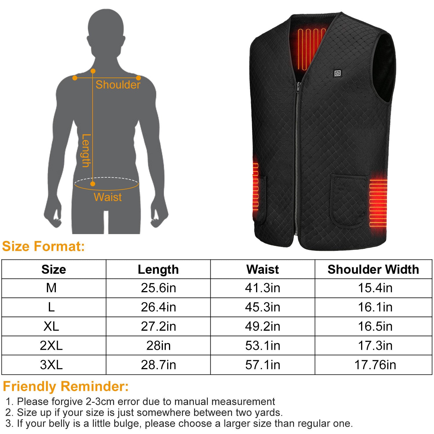 1Pc Heat Jacket Vest 3 Heating Gear Adjustable USB Heated Vest Warm Heat Coat Vest With 5 Heating Zones For Men Women Winter Outdoor Activity