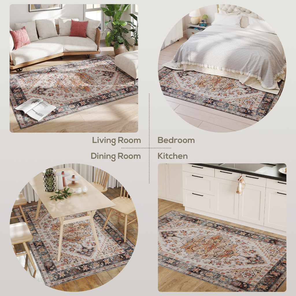 Area Rug 4x6, Machine Washable Rug, Non-Slip Boho Print Pattern Medallion Carpet For Living Room, Bedroom, Tawny Brown