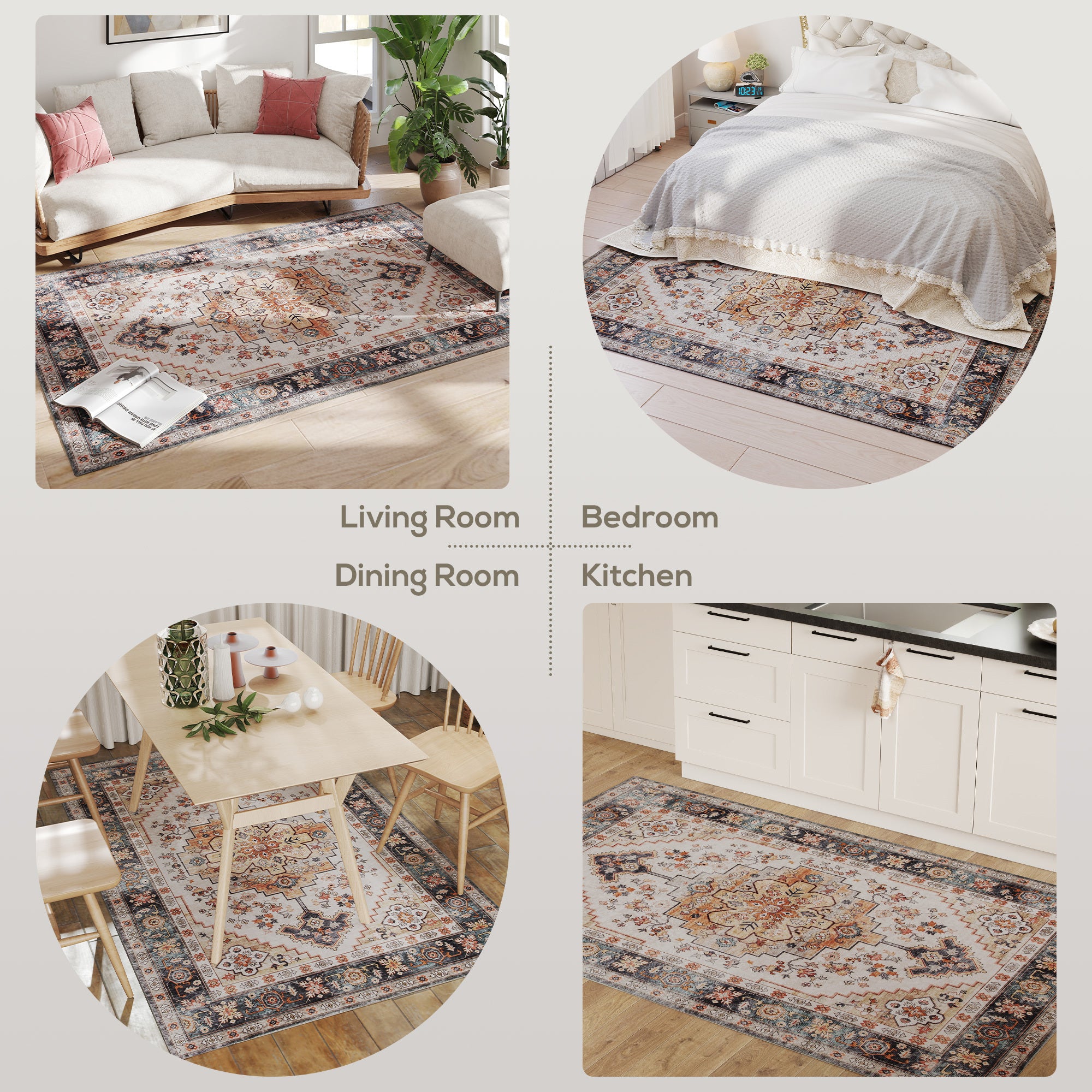 Area Rug 4x6, Machine Washable Rug, Non-Slip Boho Print Pattern Medallion Carpet For Living Room, Bedroom, Tawny Brown