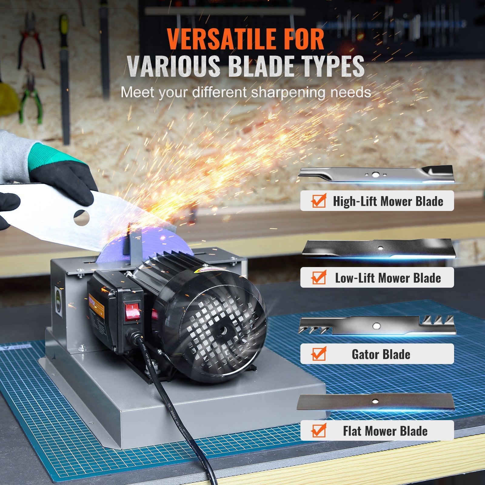 VEVOR Lawn Mower Blade Sharpener, 500W Lawnmower Blade Grinder With 7-inch Ceramic Grinding Wheel, Powerful Bench Mower Sharpening Machine For High Low Lift Blades, Gator Blades, Flat Blades