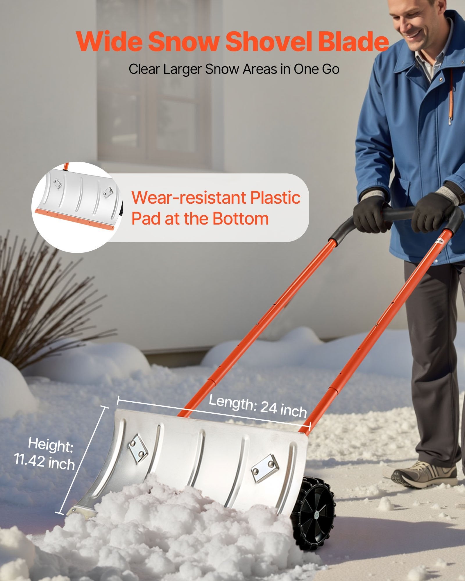 Winter Snow Pusher Shovel With Wheels 24 In Durable Metal Snow Plow For Driveway