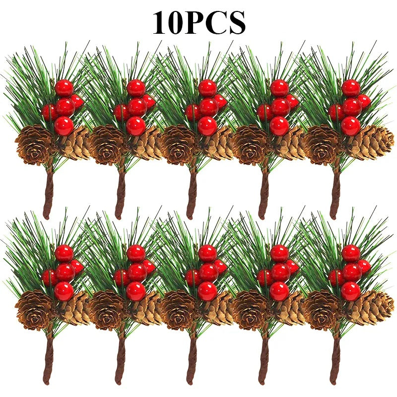 10 PCS Christmas Mini Artificial Pine Picks With Red Berries And Natural Pinecones Evergreen Pine Sprigs Holly Berries Faux Pine Needles For Festival Xmas Decorations Table Centerpiece
