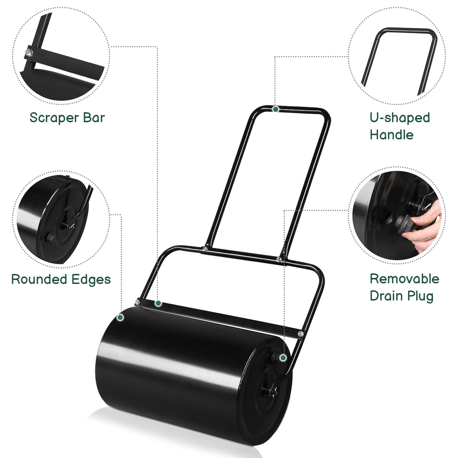 19 Inch Black Iron Lawn Roller Cylindrical