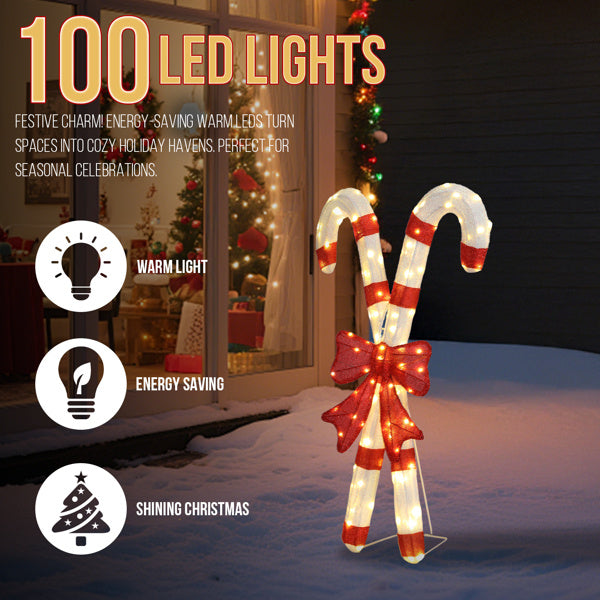 Lighted Candy Cane And Red Bowknot Christmas Decorations, Pre-lit 2D Holiday Decor With 100 Warm White LED Lights For Xmas Outdoor Indoor Decor Lighted Holiday Displays