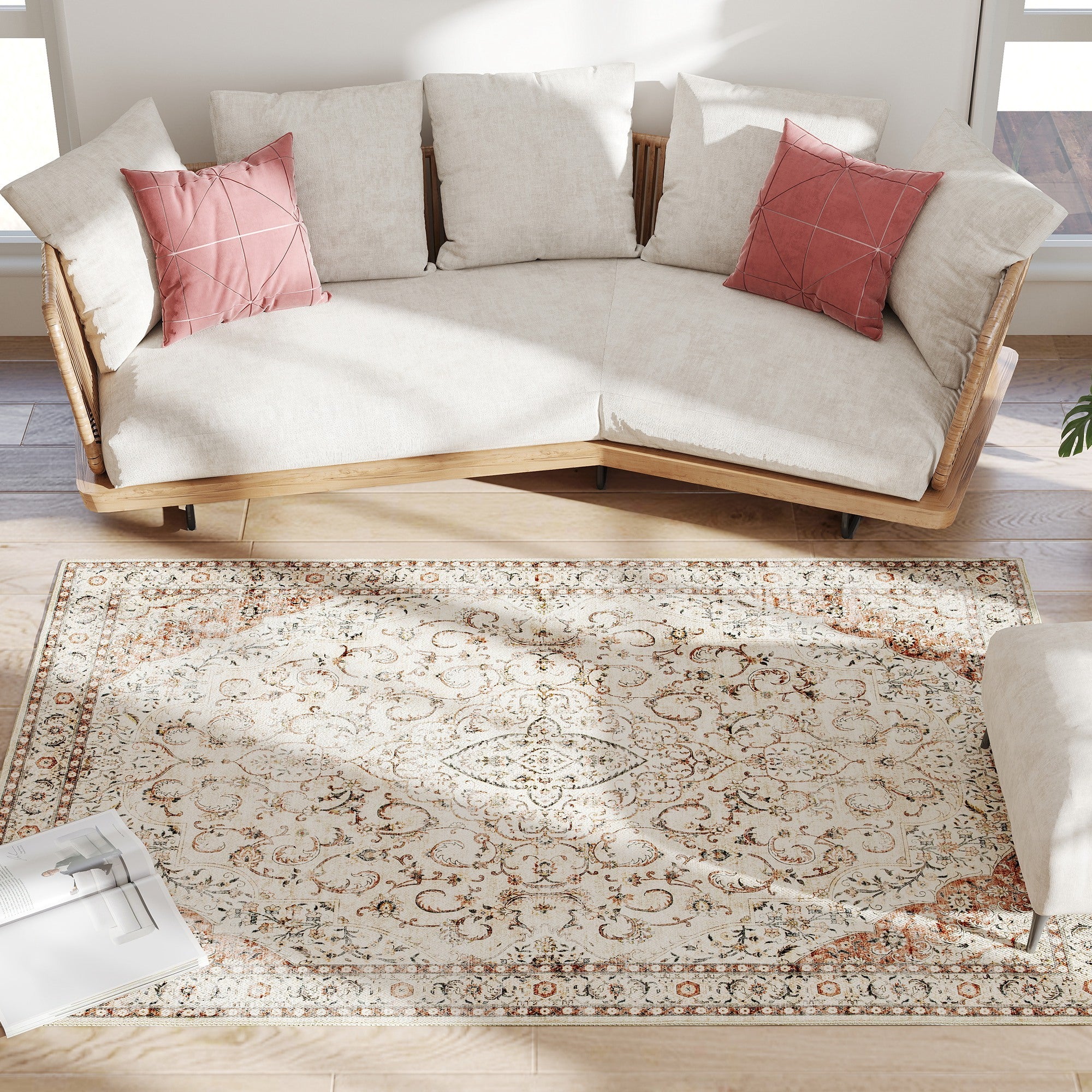 Area Rug 5x7, Machine Washable Rug, Non-Slip Classical Floral Print Floor Carpet For Living Room, Bedroom, Mixed-Brown