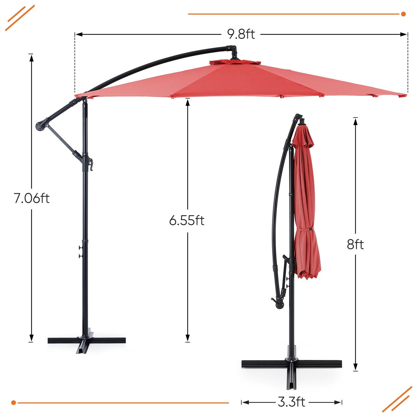 9.8FT Offset Patio Umbrella Hanging Cantilever Umbrella Outdoor Sun Shade With Easy Tilt Adjustment, 8 Ribs, UV Protection For Backyard, Lawn