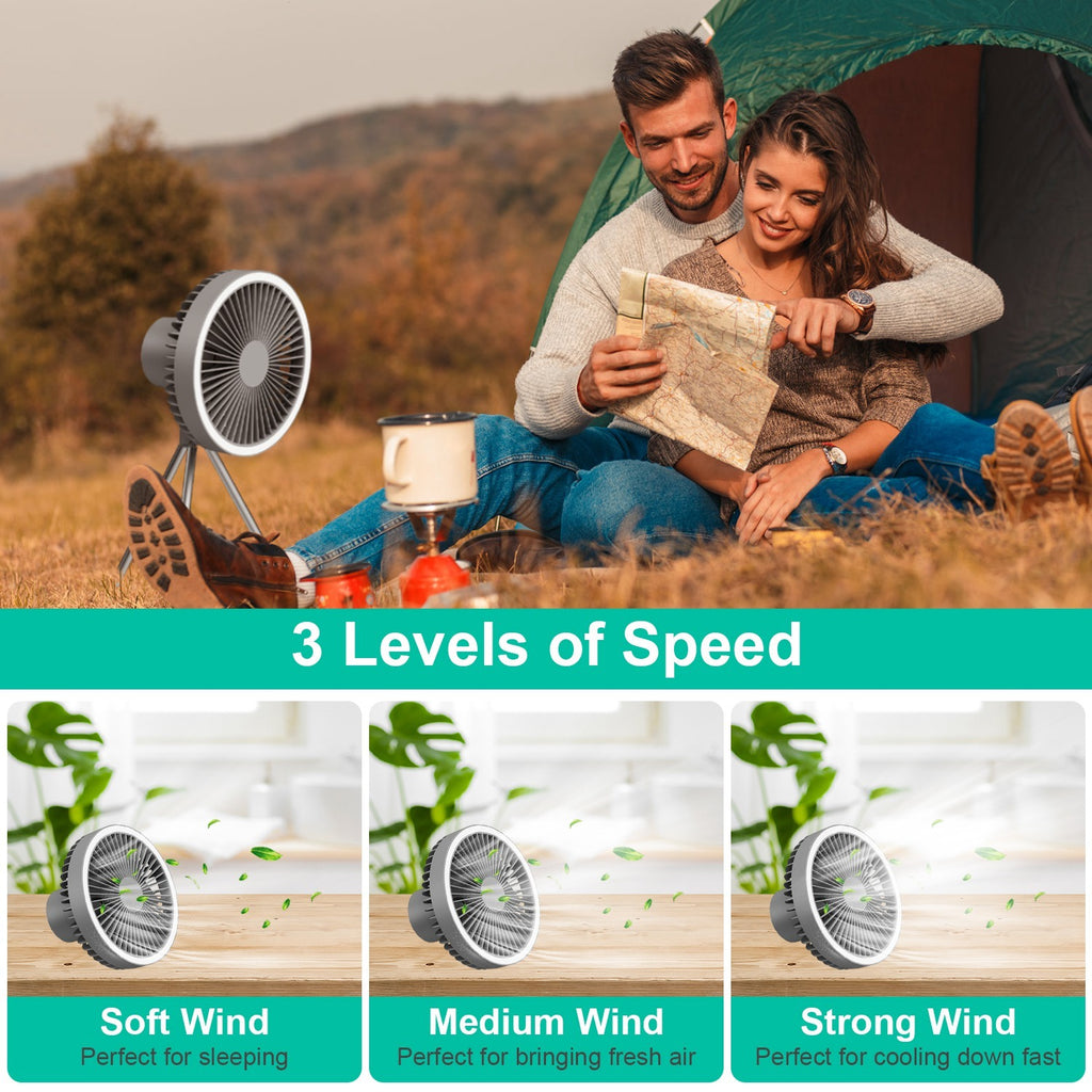 Camping Fan With Lantern Rechargeable Battery Powered Portable Tripod Fan For Tent With Hanging Hook Carabiner Emergency Power Bank Desk Fan With Timer Speed Brightness Setting
