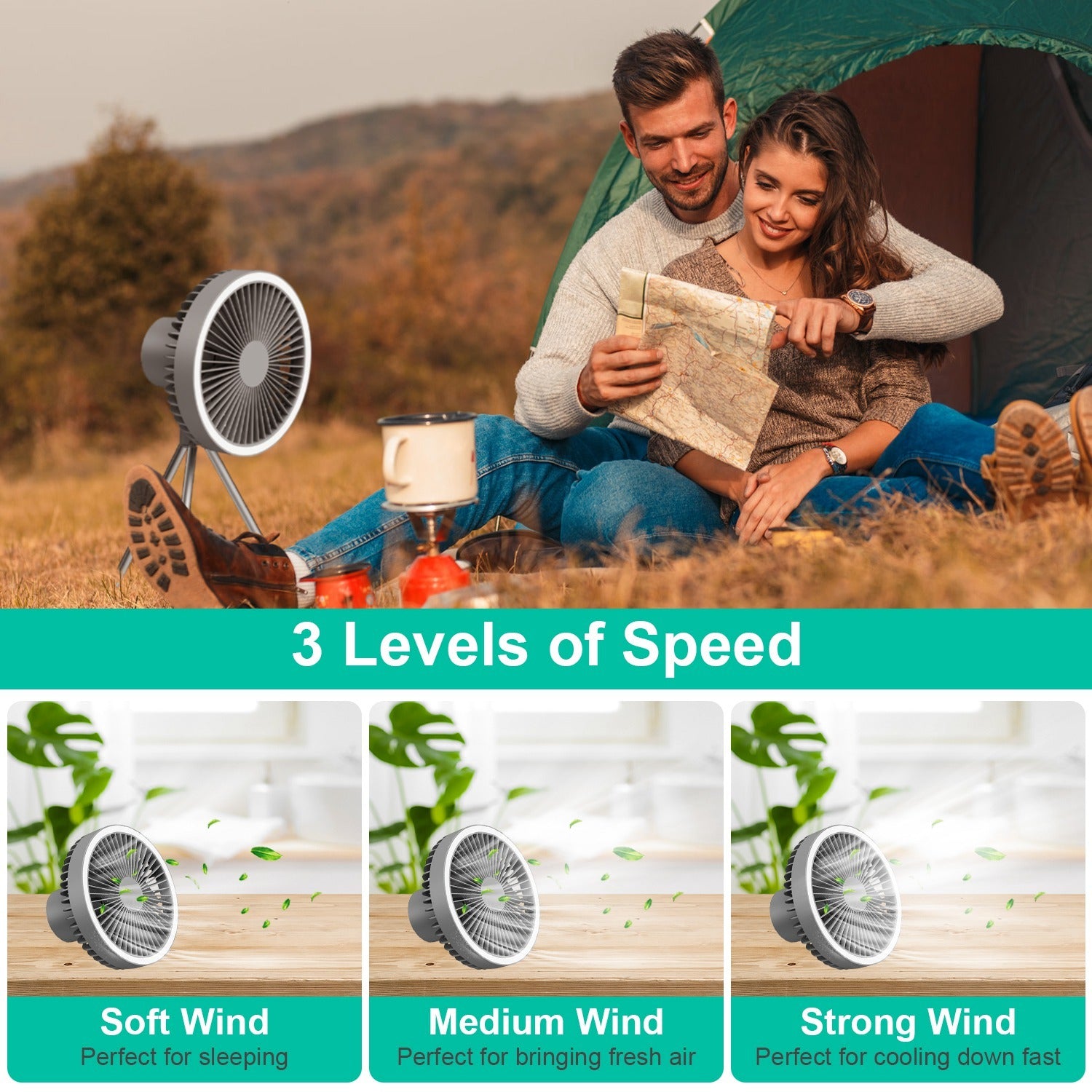 Camping Fan With Lantern Rechargeable Battery Powered Portable Tripod Fan For Tent With Hanging Hook Carabiner Emergency Power Bank Desk Fan With Timer Speed Brightness Setting