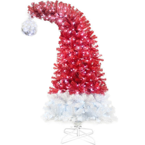 6FT Hinged Fir Artificial Fir Bent Top Christmas Tree, Xmas Tree Bendable Santa Hat Style Christmas Tree Holiday Decoration,1250  Branch Tips, 300 LED Lights X-mas